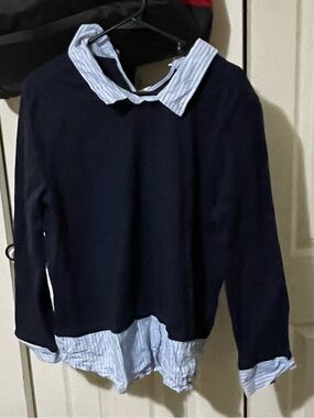 Ann Taylor Navy Pullover with Light Blue Striped Shirt Trim